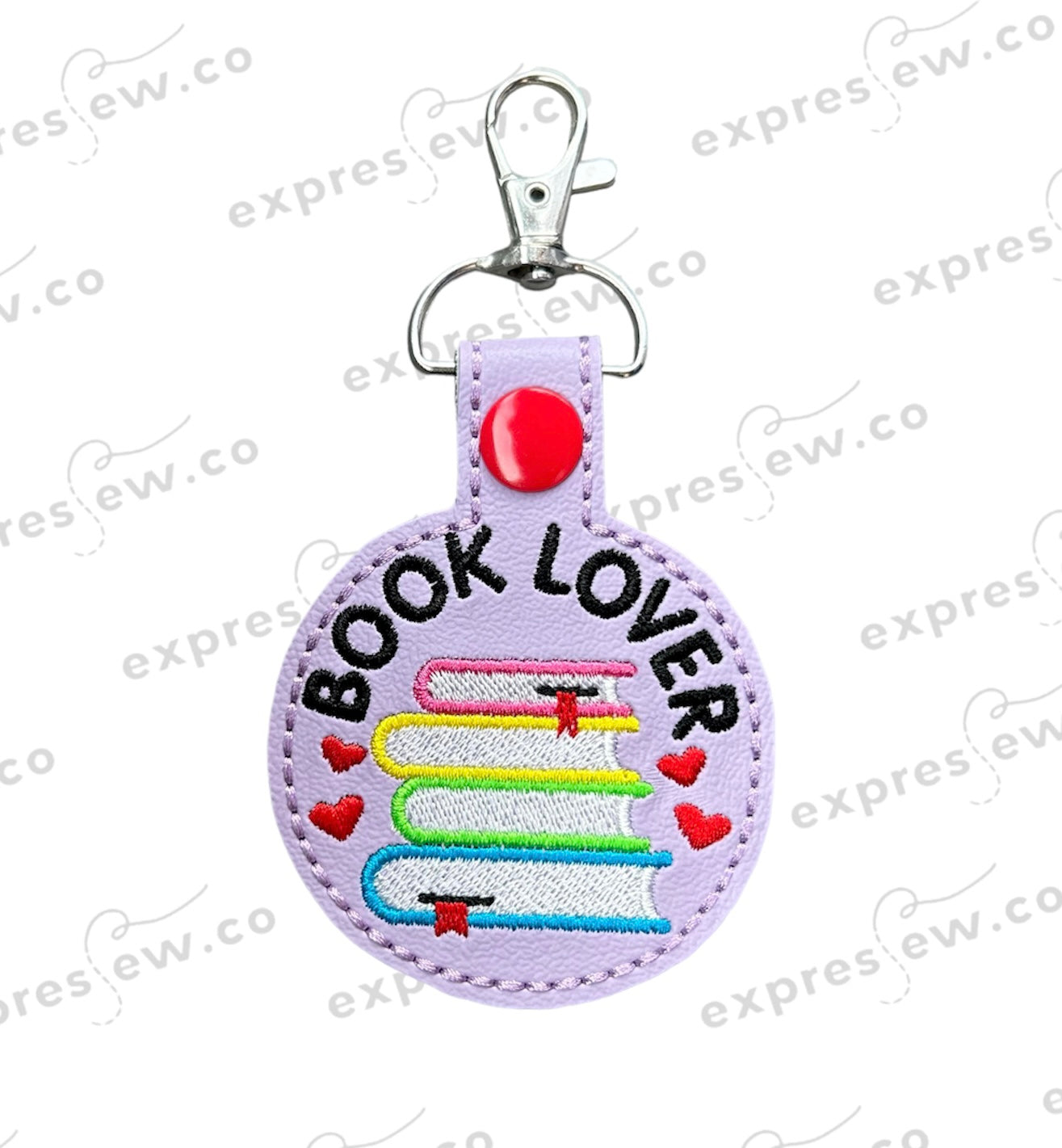 Book lover keychain books heart love embroidered embroidery rainbow purple bibliophile custom faux leather